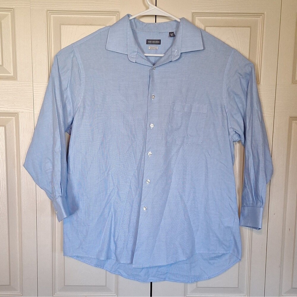 Mens French Blue Van Heusen Size 17-17.5 Shirt Dress Shirt Business Button Up